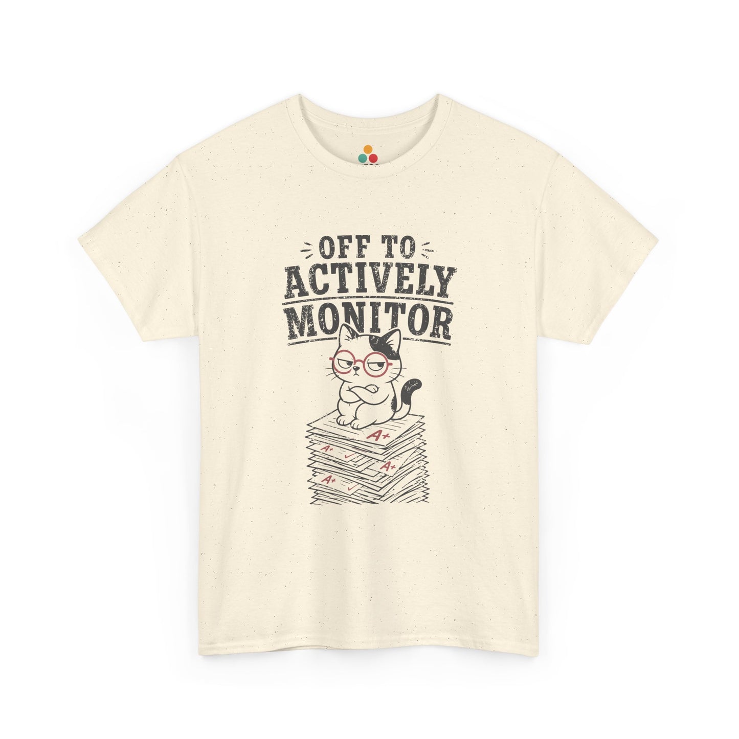 Cat graphic tee from TEEZOCA featuring a sarcastic teacher cat, red glasses, and grading papers illustration.
