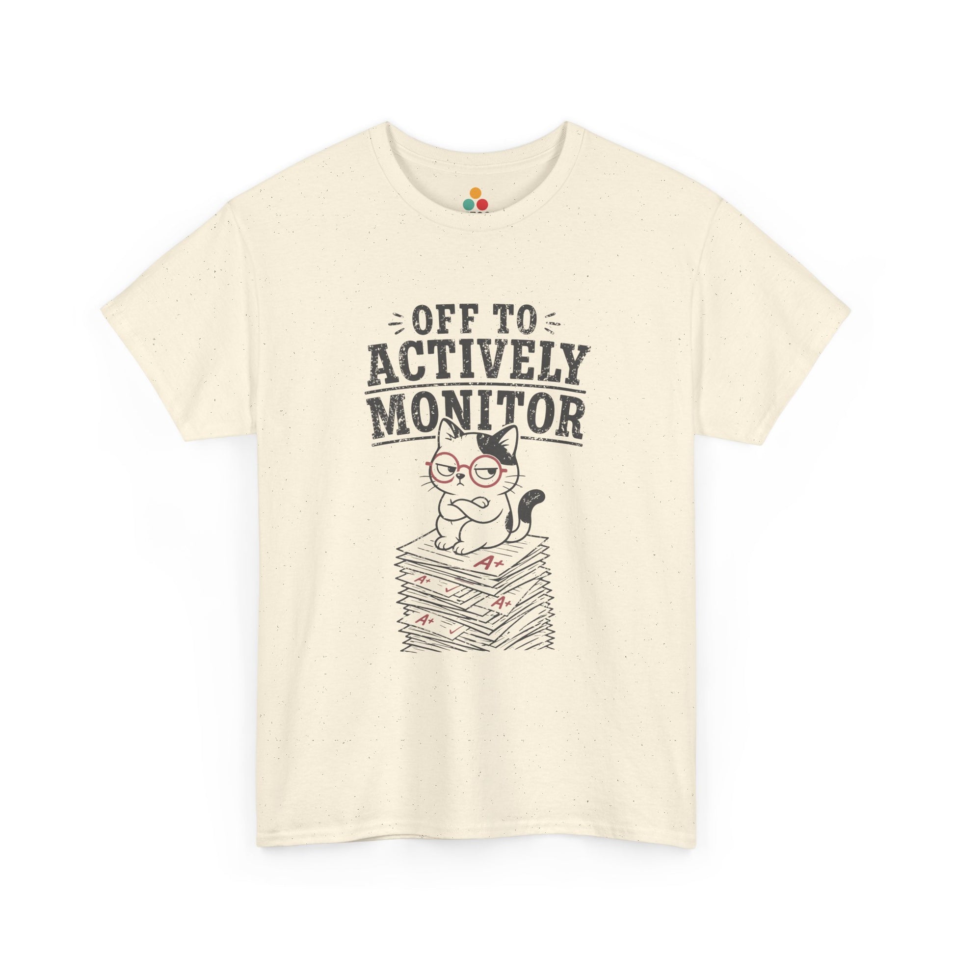Cat graphic tee from TEEZOCA featuring a sarcastic teacher cat, red glasses, and grading papers illustration.
