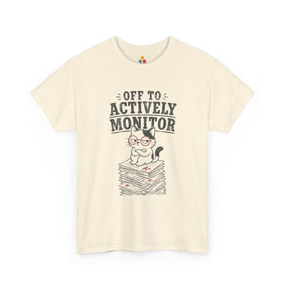 Cat graphic tee from TEEZOCA featuring a sarcastic teacher cat, red glasses, and grading papers illustration.
