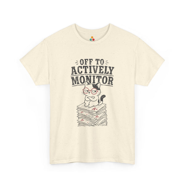 Cat graphic tee from TEEZOCA featuring a sarcastic teacher cat red glasses and grading papers illustration