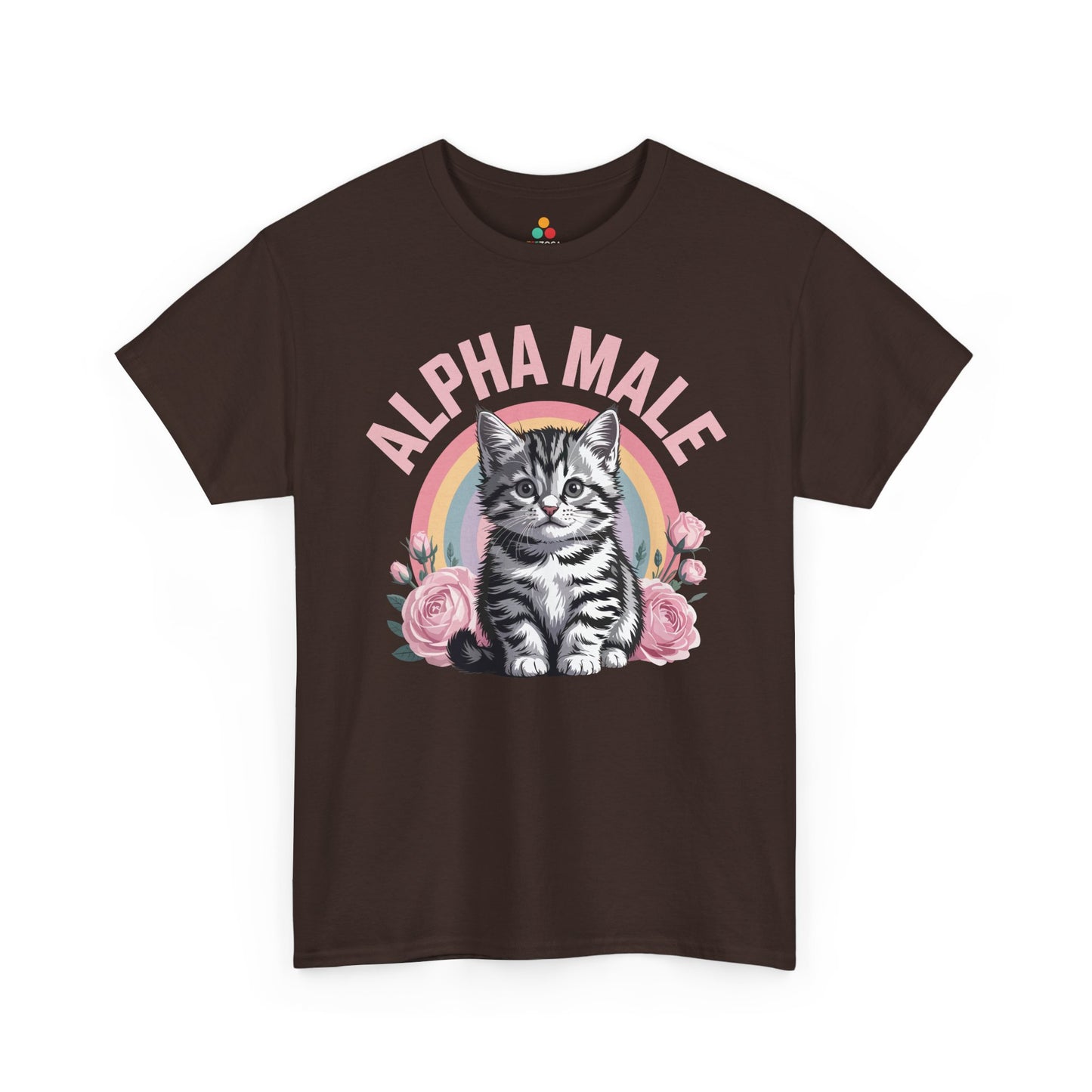 Cat shirt for men by TEEZOCA with funny kitten artwork, pink roses, and ironic alpha male tee style.
