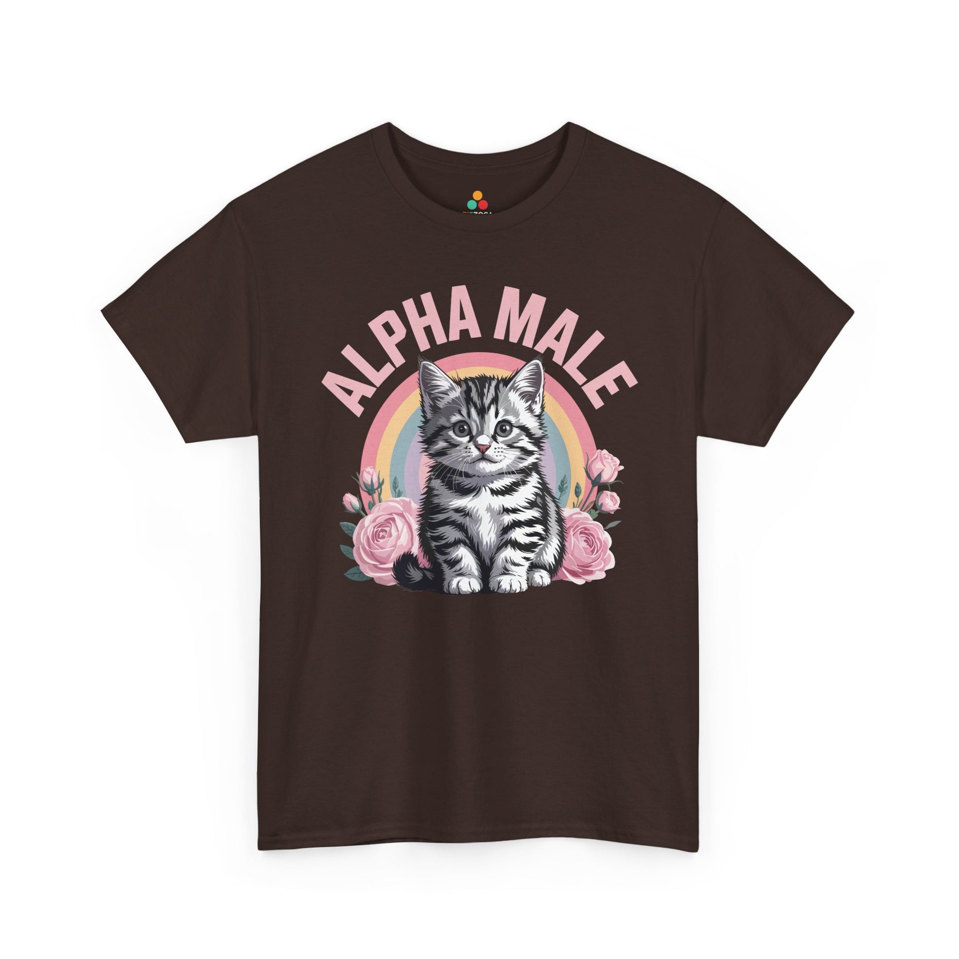 Cat shirt for men by TEEZOCA with funny kitten artwork, pink roses, and ironic alpha male tee style.
