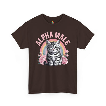 Cat shirt for men by TEEZOCA with funny kitten artwork, pink roses, and ironic alpha male tee style.
