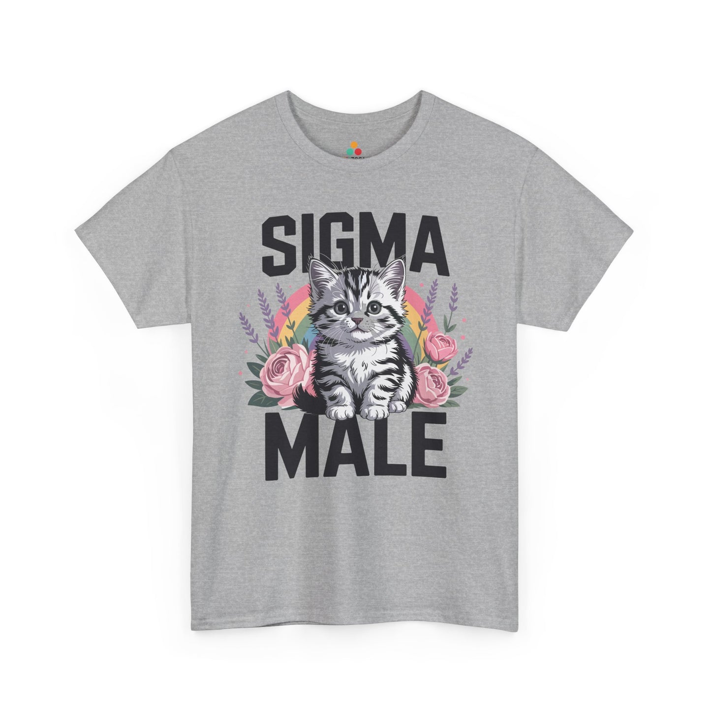 Cat shirt for men by TEEZOCA with gray kitten artwork, rainbow background, and funny alpha male t shirt energy.

