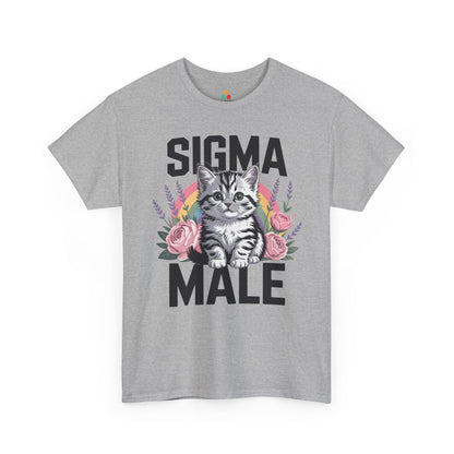 Cat shirt for men by TEEZOCA with gray kitten artwork, rainbow background, and funny alpha male t shirt energy.
