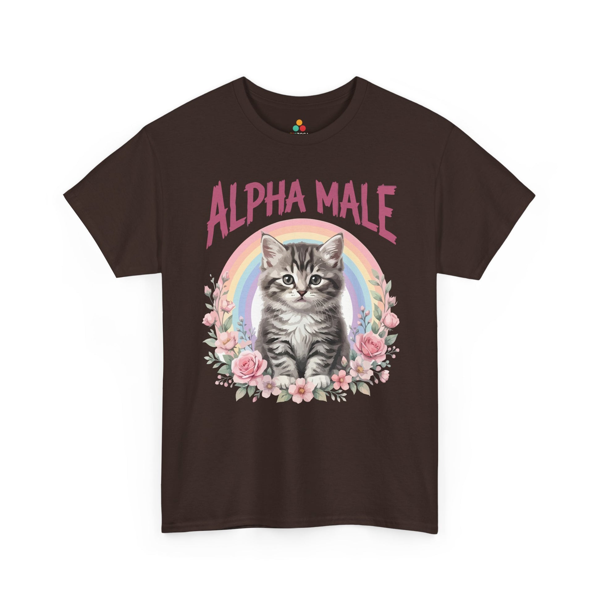 Cat shirt for men by TEEZOCA with pastel rainbow, pink roses, and funny alpha male t shirt style.

