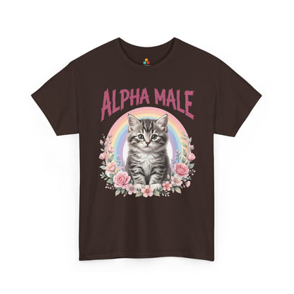 Cat shirt for men by TEEZOCA with pastel rainbow, pink roses, and funny alpha male t shirt style.
