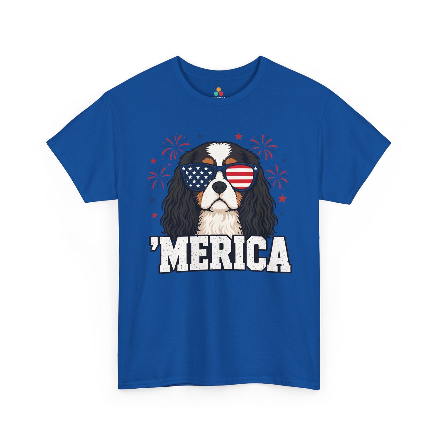 Cavalier King Charles Gift Patriotic Merica Dog Graphic T-shirt | TEEZOCA cavalier king charles gift T-shirt with black and tan Cavalier, American flag sunglasses, fireworks, stars, and Merica text.
