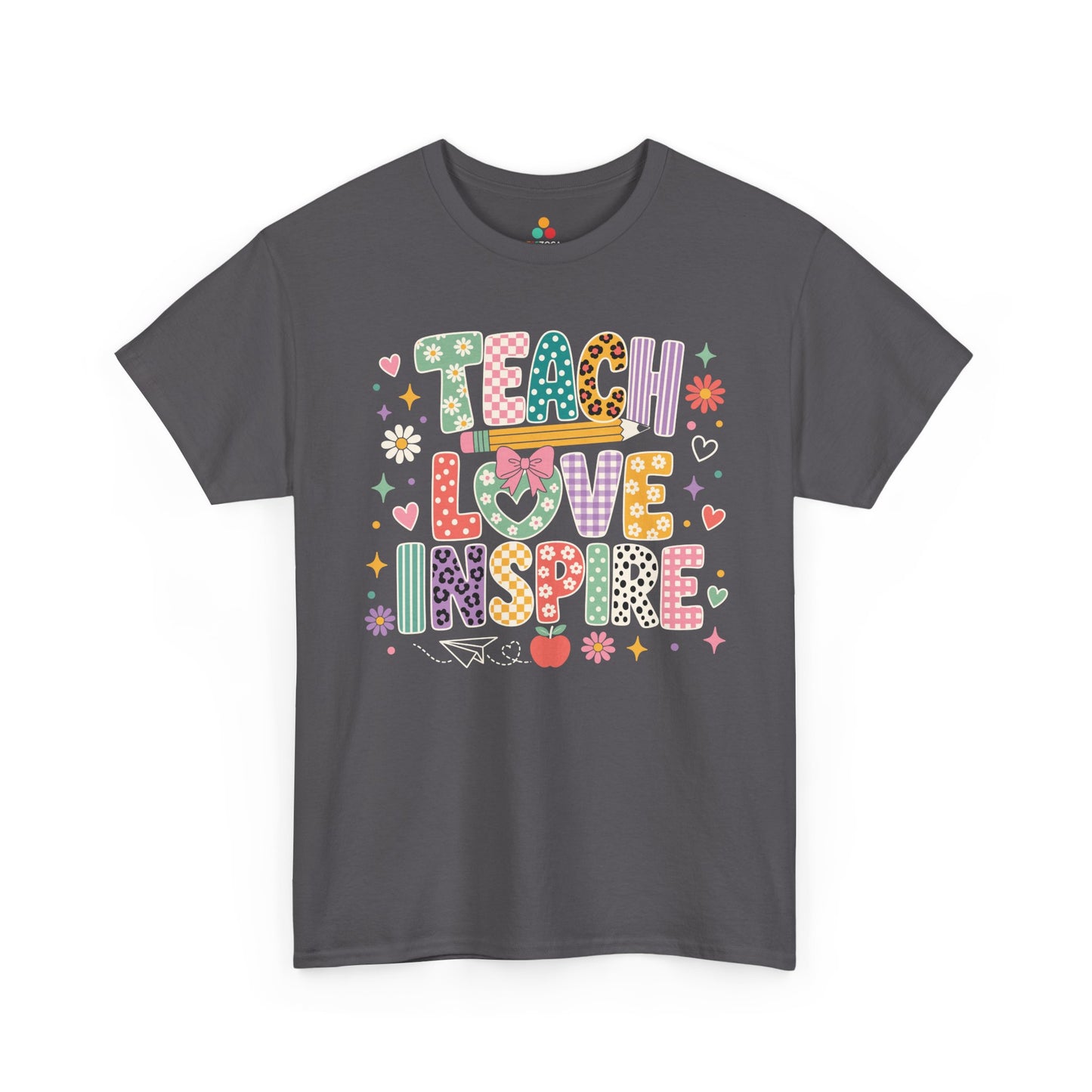 Charcoal TEEZOCA Teach Love Inspire tee, a cute unisex teacher shirt for classroom staff.
