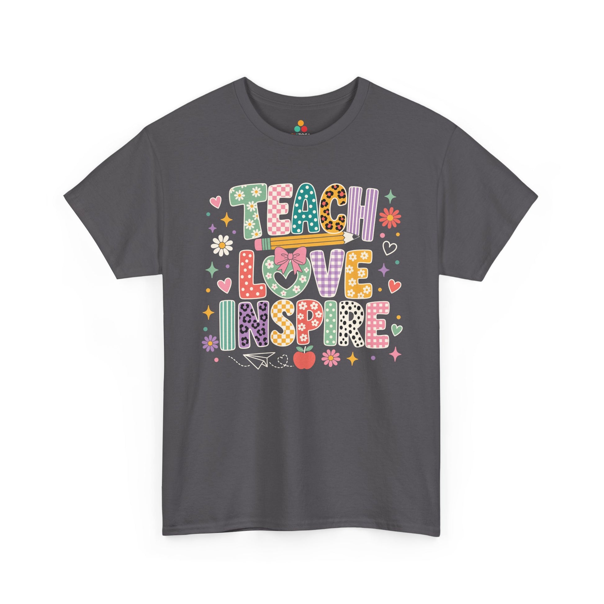 Charcoal TEEZOCA Teach Love Inspire tee, a cute unisex teacher shirt for classroom staff.
