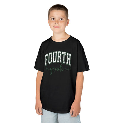 Child wearing a black t-shirt with 'FOURTH grade' text on a white background. Botanical fourth grade shirt for kids by TEEZOCA with hand-lettered script and a soft eucalyptus-green palette.
