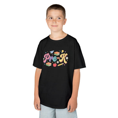 Child wearing a black t-shirt with "Pre-K" text design on a white background. TEEZOCA t-shirt showing books, a light bulb, pencil, apple, and pastel lettering for Pre-K Shirts for Boys.