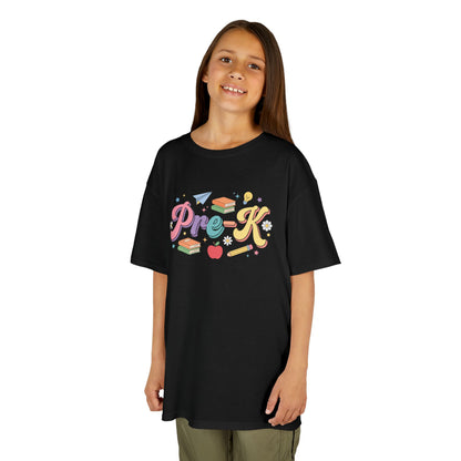 Child wearing a black t-shirt with colorful 'Pre K' design on a white background. TEEZOCA t-shirt with a cute pre-k graphic for families shopping Pre-K Shirts for Boys or Pre-K Shirts for Girls.