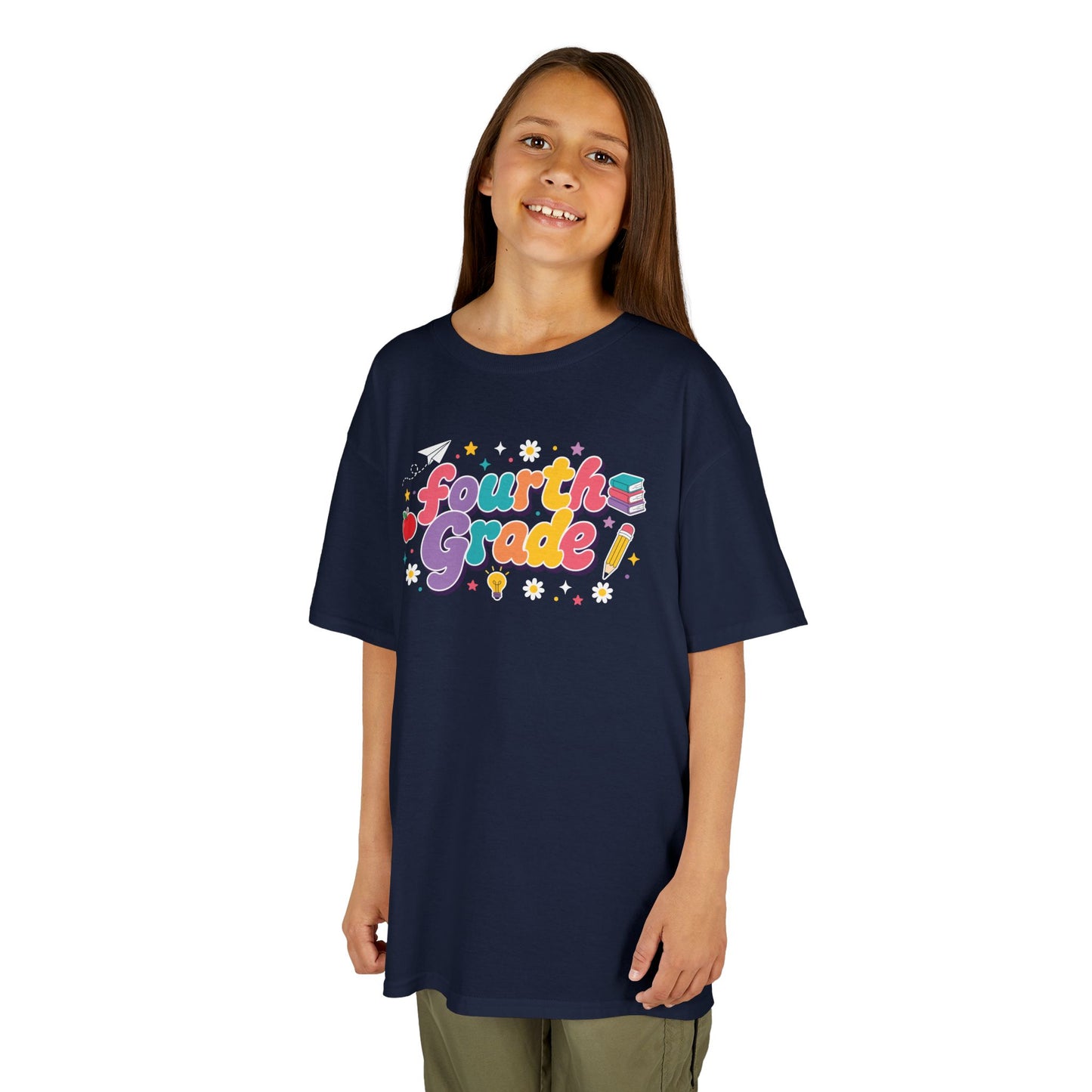 Child wearing a navy t-shirt with 'Fourth Grade!' text on a white background. TEEZOCA t-shirt with a cute classroom graphic for a 4th grade shirt for boys or a 4th grade shirt for girls.