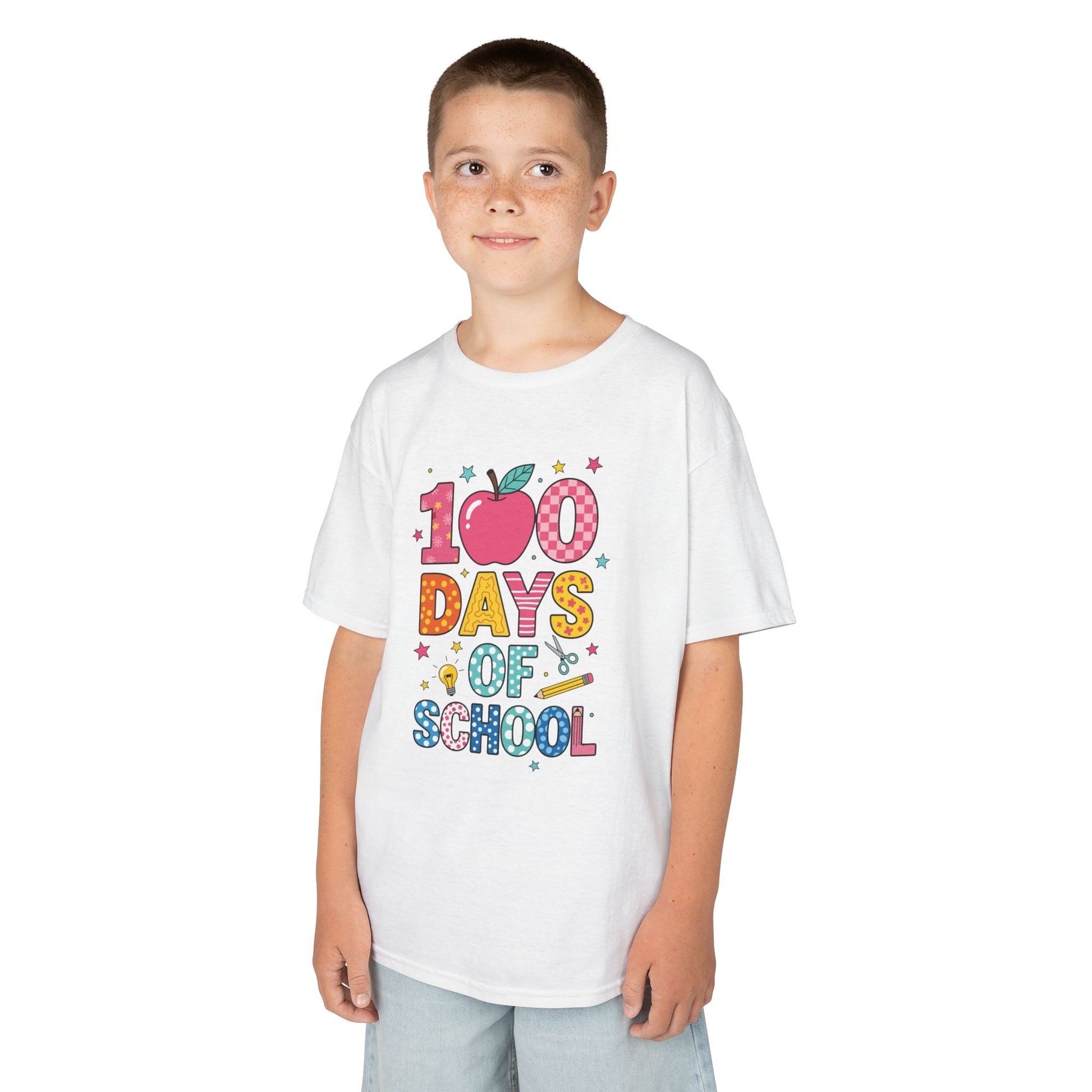 Child wearing a white TEEZOCA 100 Days of school apple school tee.
