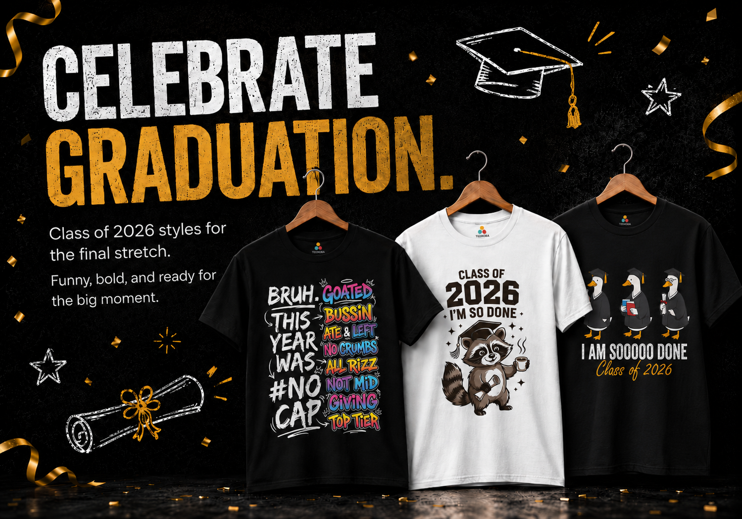 Graduation mobile banner featuring Class of 2026 graphic t-shirts with bold senior year designs, dark background, and celebratory graduation styling.