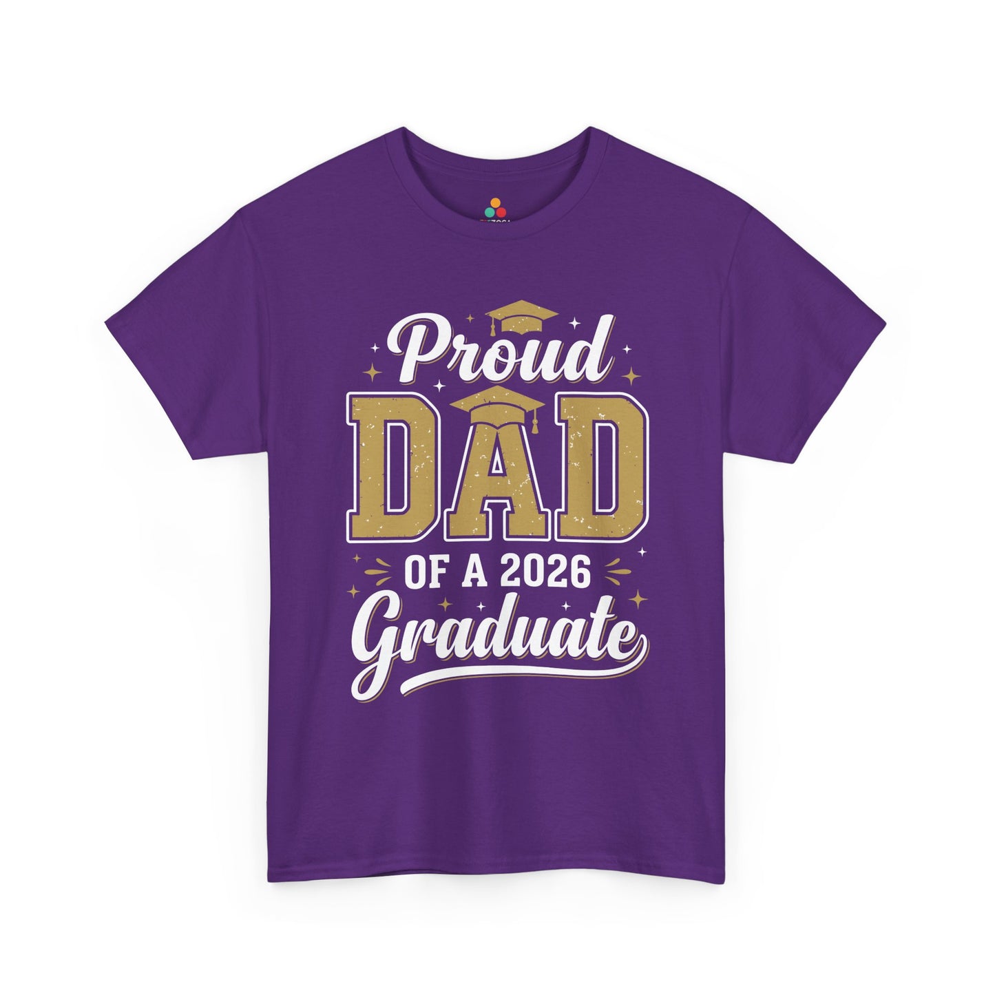 Class of 2026 proud dad tee by TEEZOCA with gold graduate lettering, cap accent, and proud parent of graduate shirt theme.
