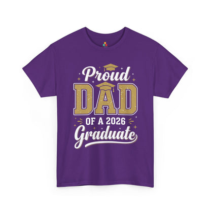 Class of 2026 proud dad tee by TEEZOCA with gold graduate lettering, cap accent, and proud parent of graduate shirt theme.
