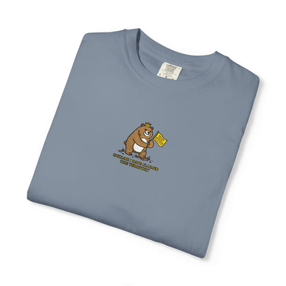 Close-up of a Comfort Colors® Bay mint shirt featuring an embroidered grumpy bear holding a "Do Not Enter" flag with the saying "Huzzah! I Have Claimed This Territory.


