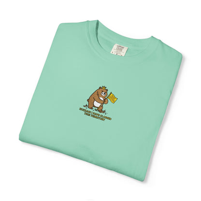 Close-up of a Comfort Colors® mint green shirt featuring an embroidered grumpy bear holding a "Do Not Enter" flag with the saying "Huzzah! I Have Claimed This Territory.

