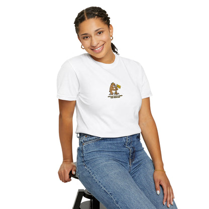 Close-up of a Female Women Model wearing Comfort Colors® white shirt featuring an embroidered grumpy bear holding a "Do Not Enter" flag with the saying "Huzzah! I Have Claimed This Territory.