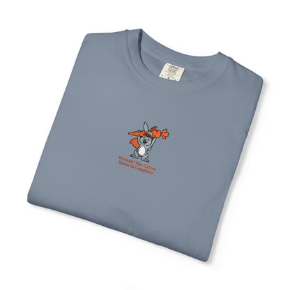  Close-up of a Lagoon Blue  Comfort Colors®  Lagoon Blue shirt featuring a rabbit holding carrots with the saying “Huzzah! The Carrot Quest Is Complete.”

