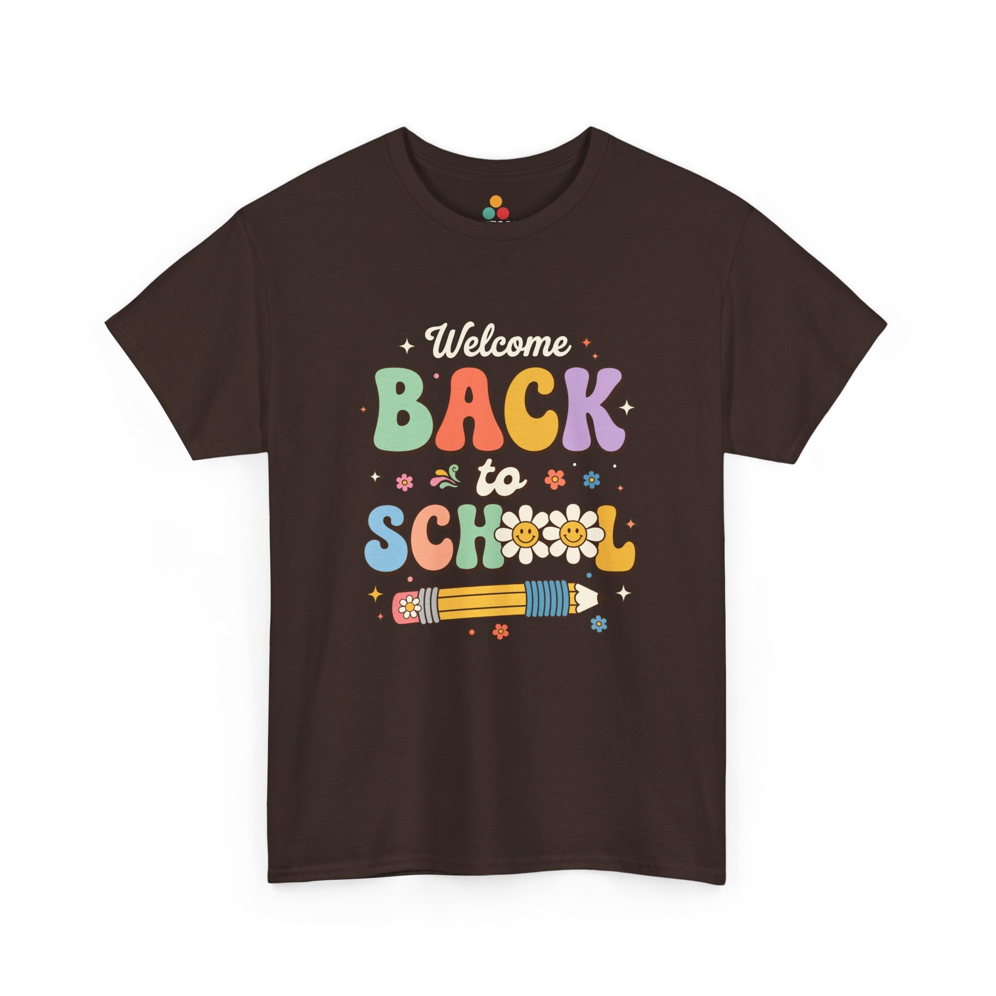 Close-up of a Maroon T-shirt featuring a colorful retro "Welcome Back to School" graphic with groovy lettering, smiling pencils, flowers, and pastel rainbow colors.

