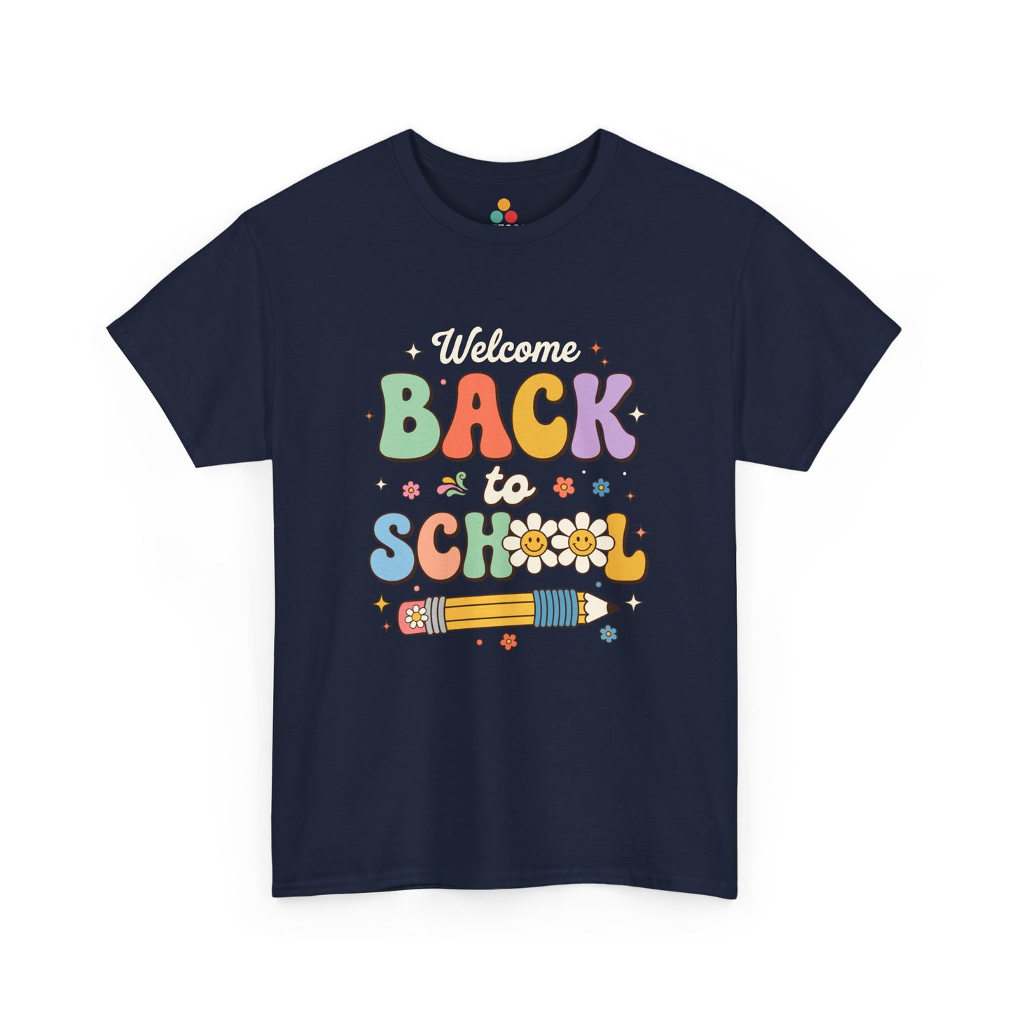 Close-up of a Navy Blue T-shirt featuring a colorful retro "Welcome Back to School" graphic with groovy lettering, smiling pencils, flowers, and pastel rainbow colors.

