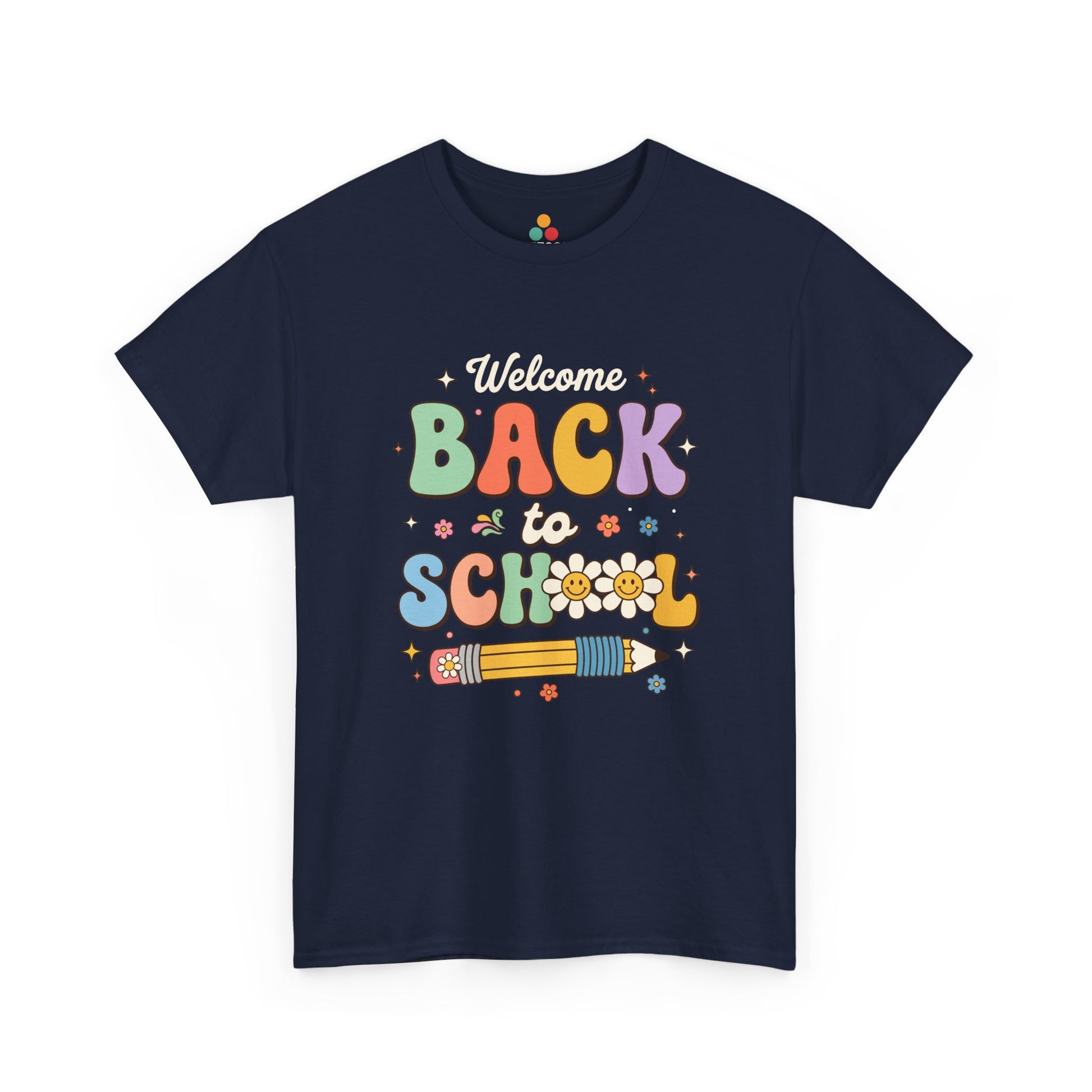Close-up of a Navy Blue T-shirt featuring a colorful retro "Welcome Back to School" graphic with groovy lettering, smiling pencils, flowers, and pastel rainbow colors.

