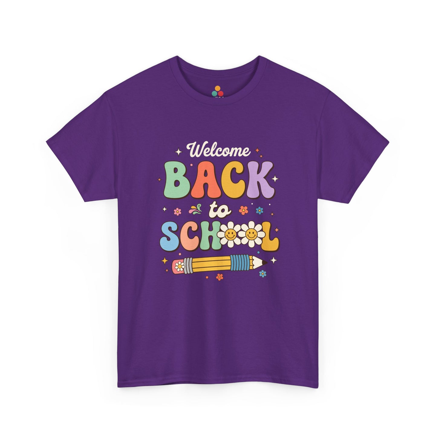 Close-up of a Purple T-shirt featuring a colorful retro "Welcome Back to School" graphic with groovy lettering, smiling pencils, flowers, and pastel rainbow colors.

