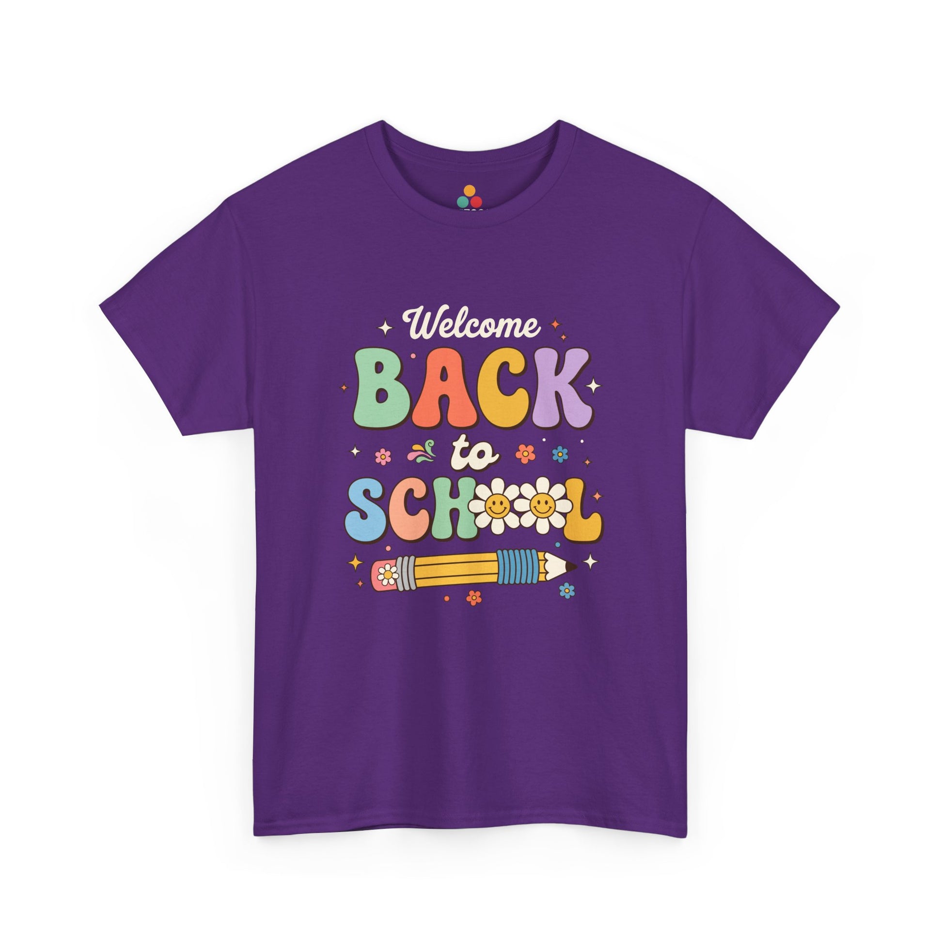 Close-up of a Purple T-shirt featuring a colorful retro "Welcome Back to School" graphic with groovy lettering, smiling pencils, flowers, and pastel rainbow colors.

