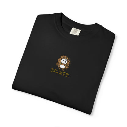 Close-up of a black Comfort Colors® shirt featuring an embroidered spiky hedgehog with the saying "Huzzah! I Shall Not Be Touched."

