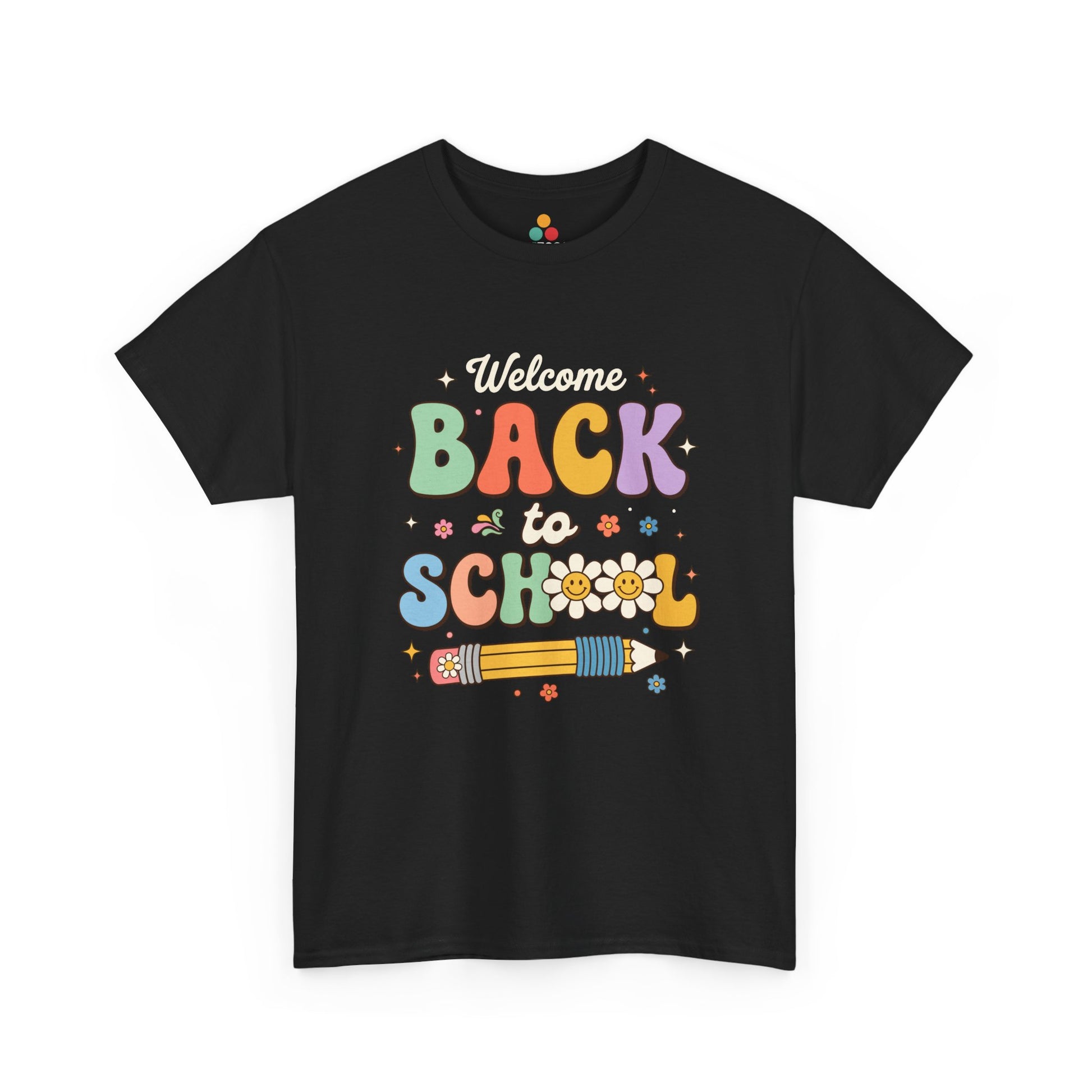 Close-up of a black T-shirt featuring a colorful retro "Welcome Back to School" graphic with groovy lettering, smiling pencils, flowers, and pastel rainbow colors.

