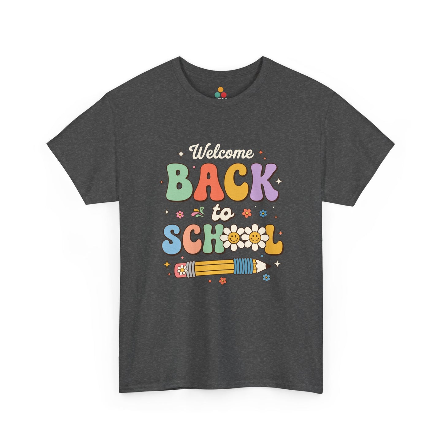 Close-up of a gray gray heather T-shirt featuring a colorful retro "Welcome Back to School" graphic with groovy lettering, smiling pencils, flowers, and pastel rainbow colors.

