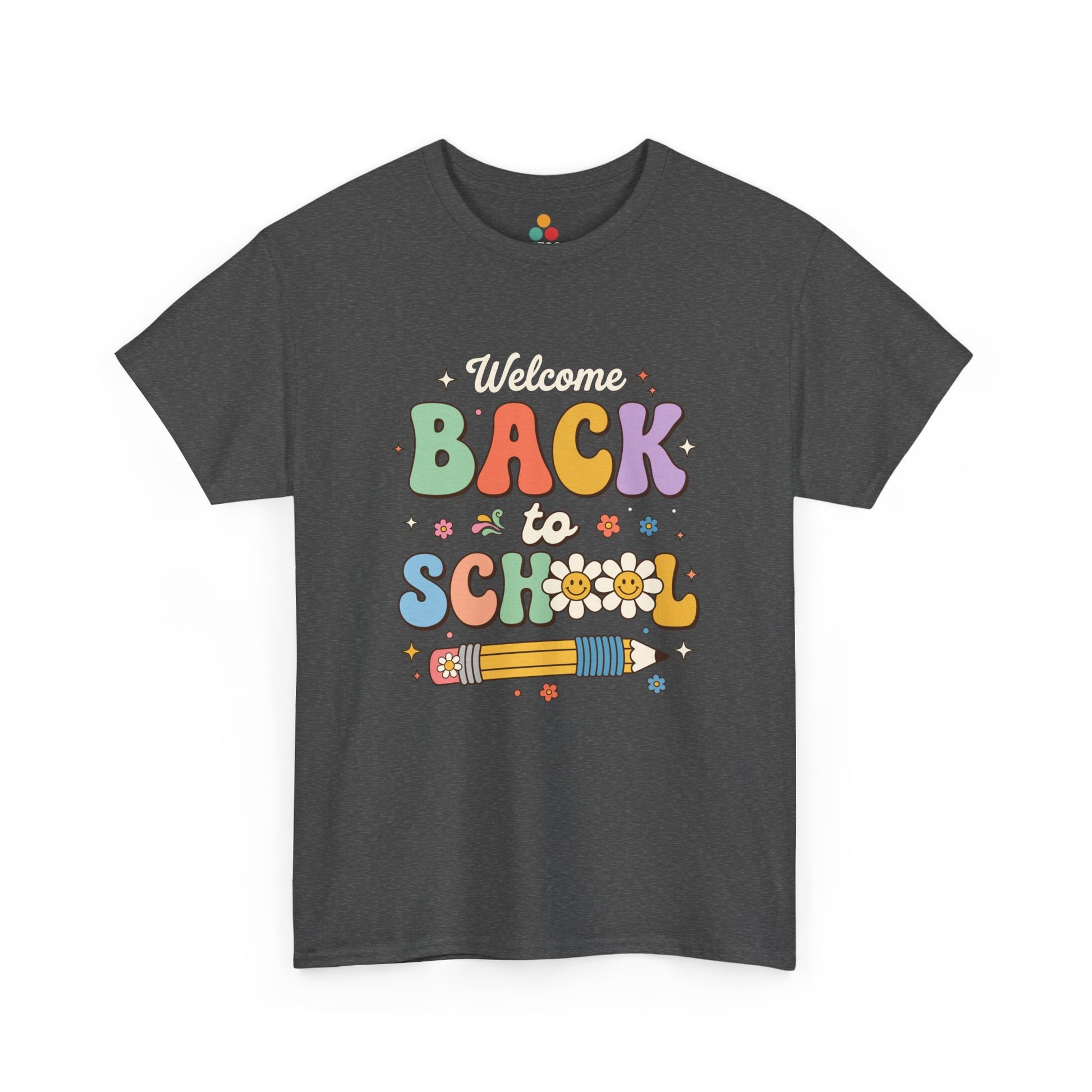 Close-up of a gray gray heather T-shirt featuring a colorful retro "Welcome Back to School" graphic with groovy lettering, smiling pencils, flowers, and pastel rainbow colors.

