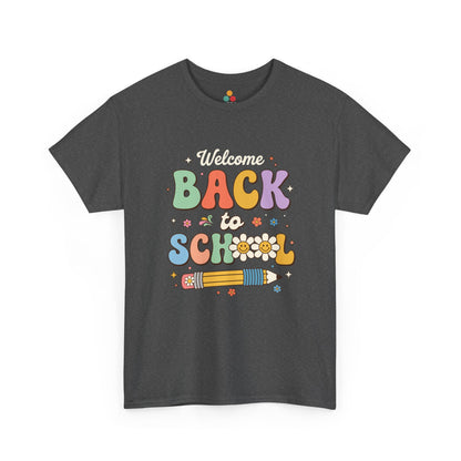 Close-up of a gray gray heather T-shirt featuring a colorful retro "Welcome Back to School" graphic with groovy lettering, smiling pencils, flowers, and pastel rainbow colors.

