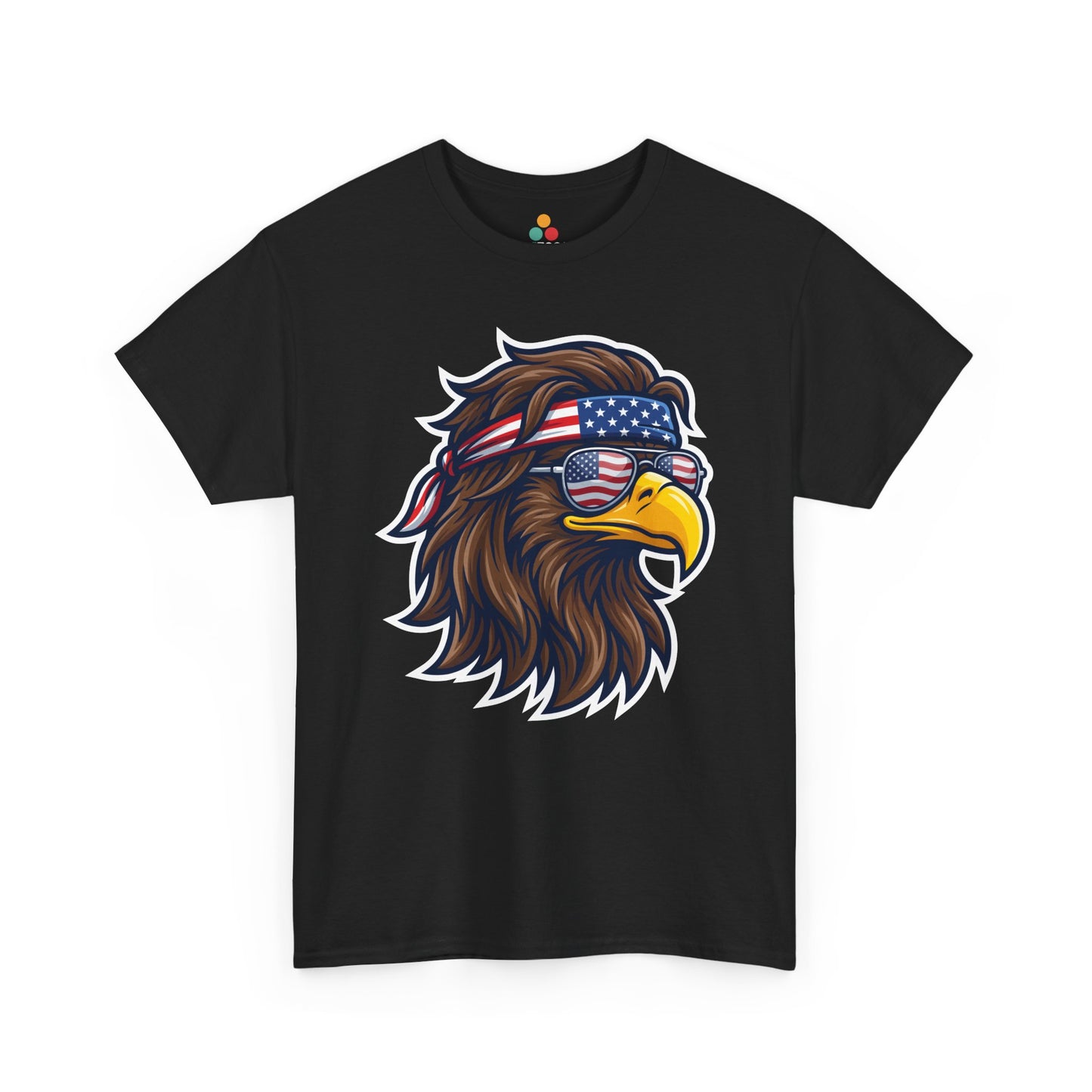 Close-up view of TEEZOCA T-Shirt featuring a fierce bald eagle wearing a USA flag bandana and star-spangled sunglasses printed on Black fabric.

