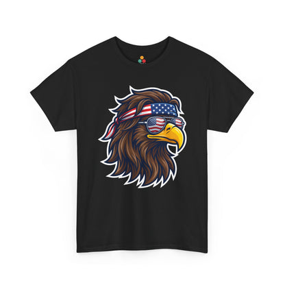 Close-up view of TEEZOCA T-Shirt featuring a fierce bald eagle wearing a USA flag bandana and star-spangled sunglasses printed on Black fabric.

