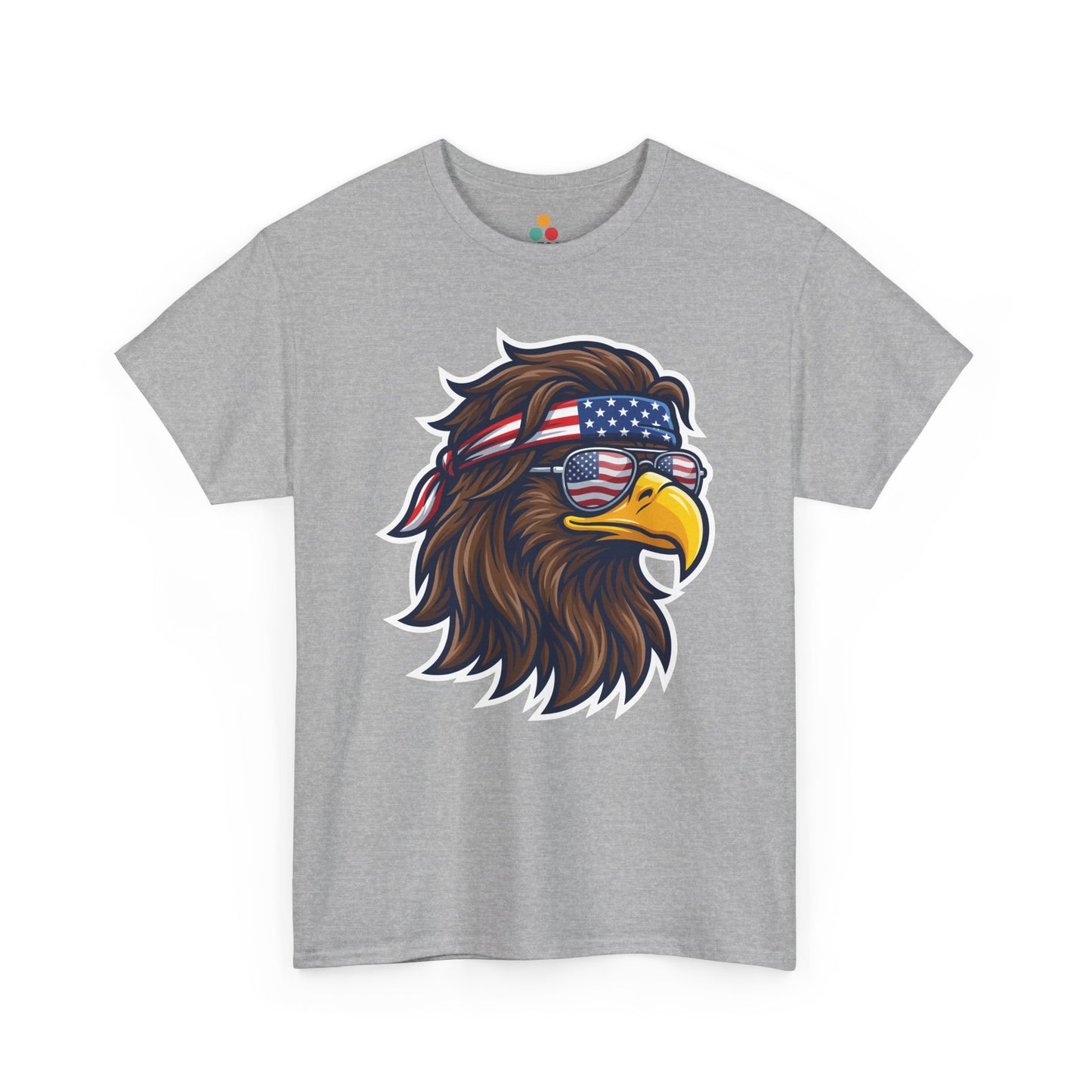 Close-up view of TEEZOCA T-Shirt featuring a fierce bald eagle wearing a USA flag bandana and star-spangled sunglasses printed on gray fabric.


