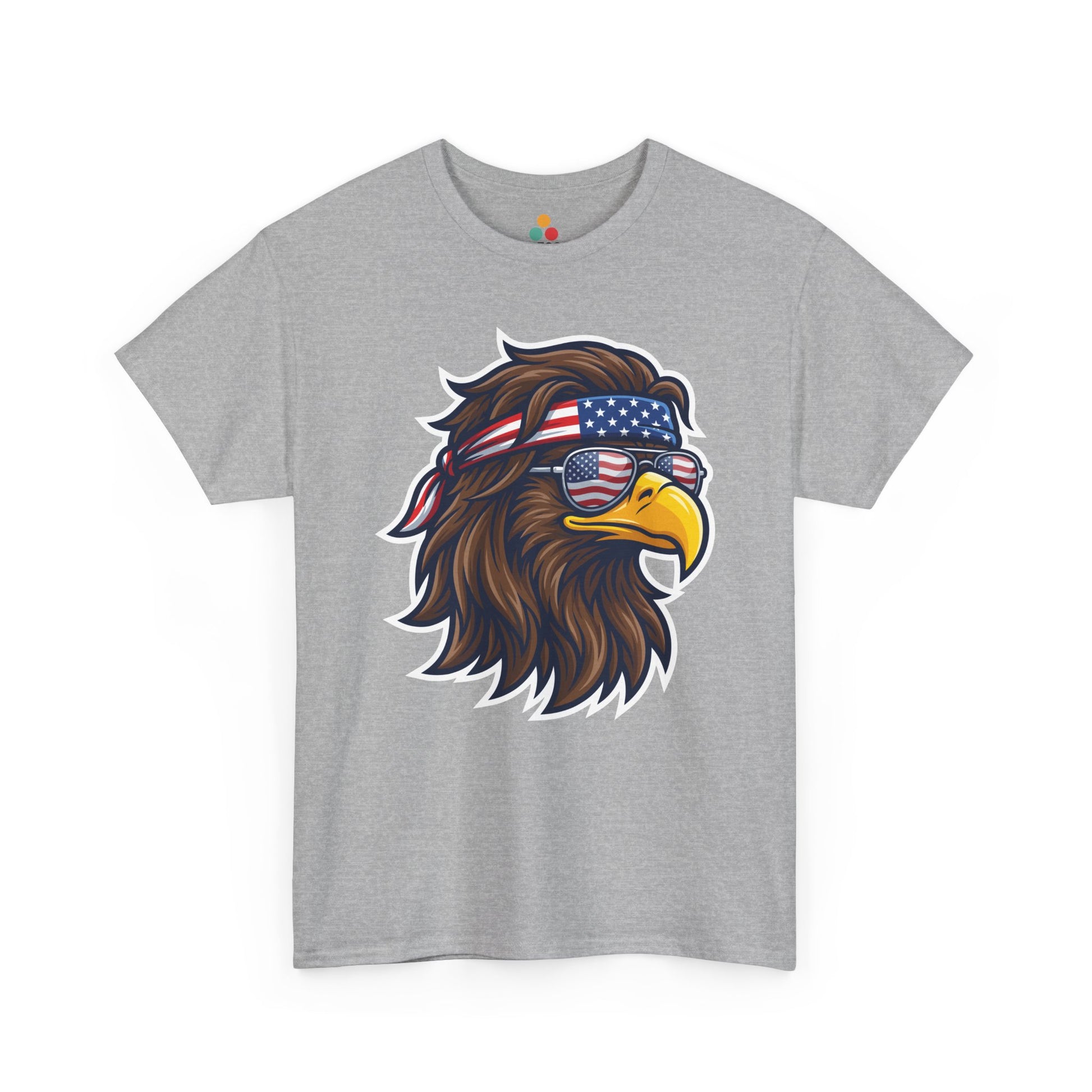 Close-up view of TEEZOCA T-Shirt featuring a fierce bald eagle wearing a USA flag bandana and star-spangled sunglasses printed on gray fabric.


