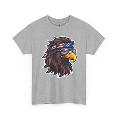 Close-up view of TEEZOCA T-Shirt featuring a fierce bald eagle wearing a USA flag bandana and star-spangled sunglasses printed on gray fabric.


