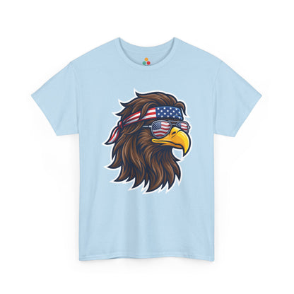 Close-up view of TEEZOCA T-Shirt featuring a fierce bald eagle wearing a USA flag bandana and star-spangled sunglasses printed on light blue fabric.

