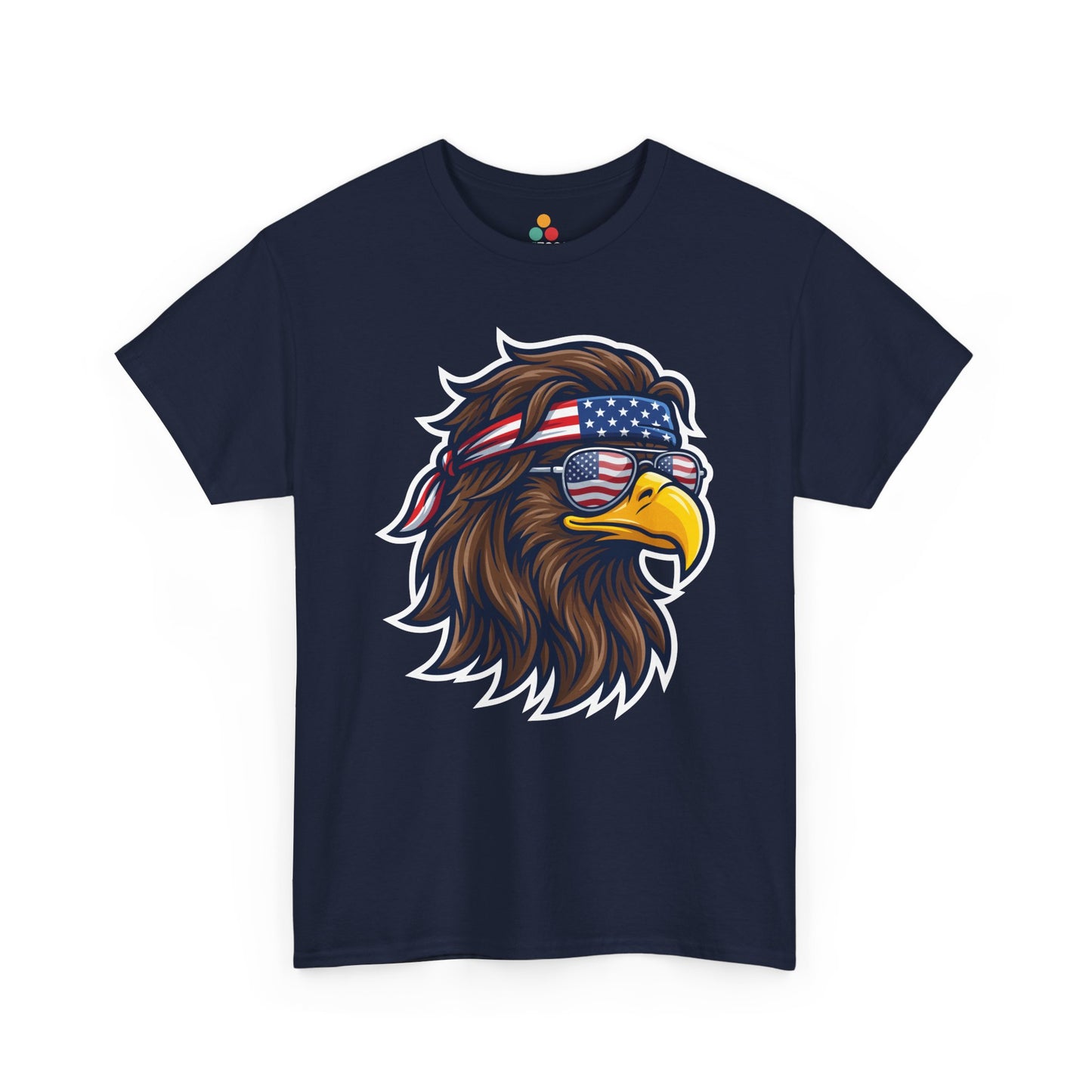 Close-up view of TEEZOCA T-Shirt featuring a fierce bald eagle wearing a USA flag bandana and star-spangled sunglasses printed on navy blue fabric.

