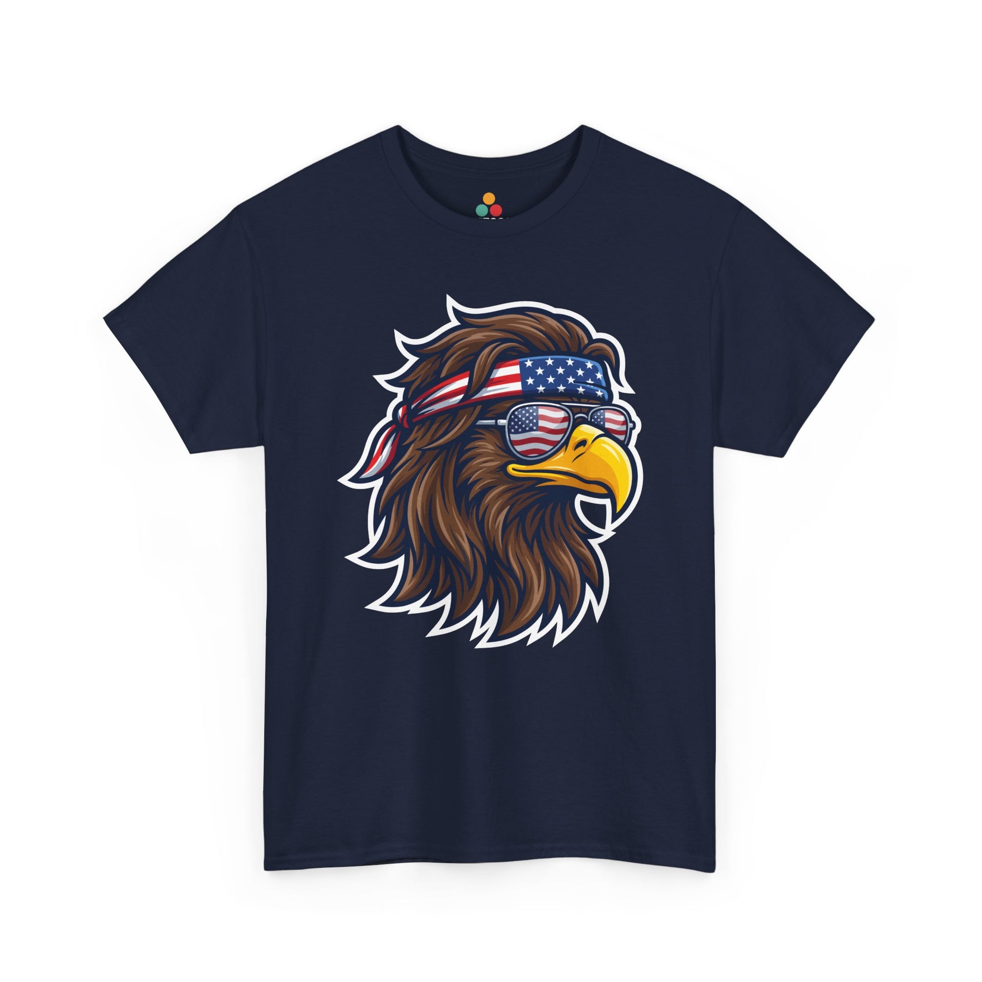 Close-up view of TEEZOCA T-Shirt featuring a fierce bald eagle wearing a USA flag bandana and star-spangled sunglasses printed on navy blue fabric.

