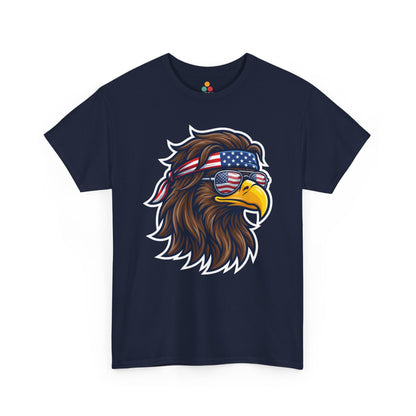 Close-up view of TEEZOCA T-Shirt featuring a fierce bald eagle wearing a USA flag bandana and star-spangled sunglasses printed on navy blue fabric.

