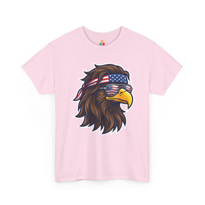 Close-up view of TEEZOCA T-Shirt featuring a fierce bald eagle wearing a USA flag bandana and star-spangled sunglasses printed on pink fabric.

