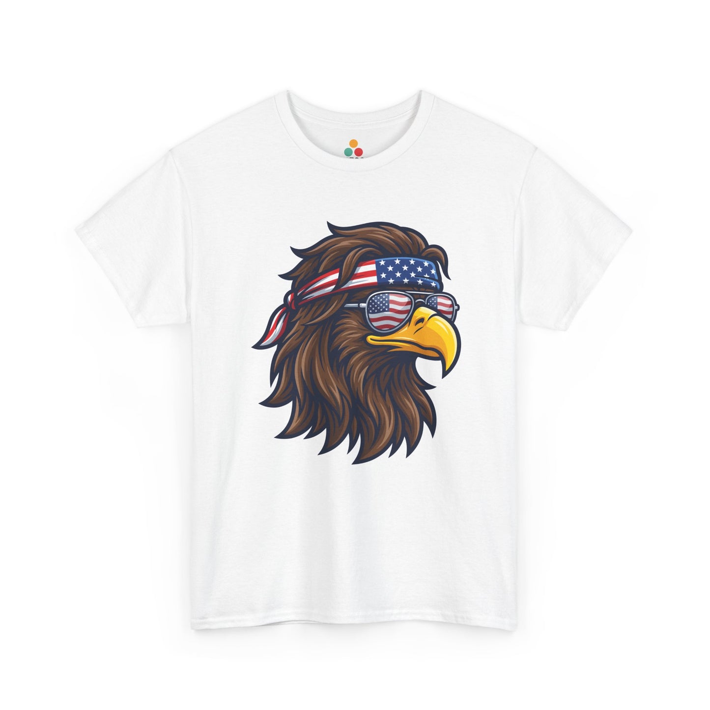 Close-up view of TEEZOCA T-Shirt featuring a fierce bald eagle wearing a USA flag bandana and star-spangled sunglasses printed on white fabric.

