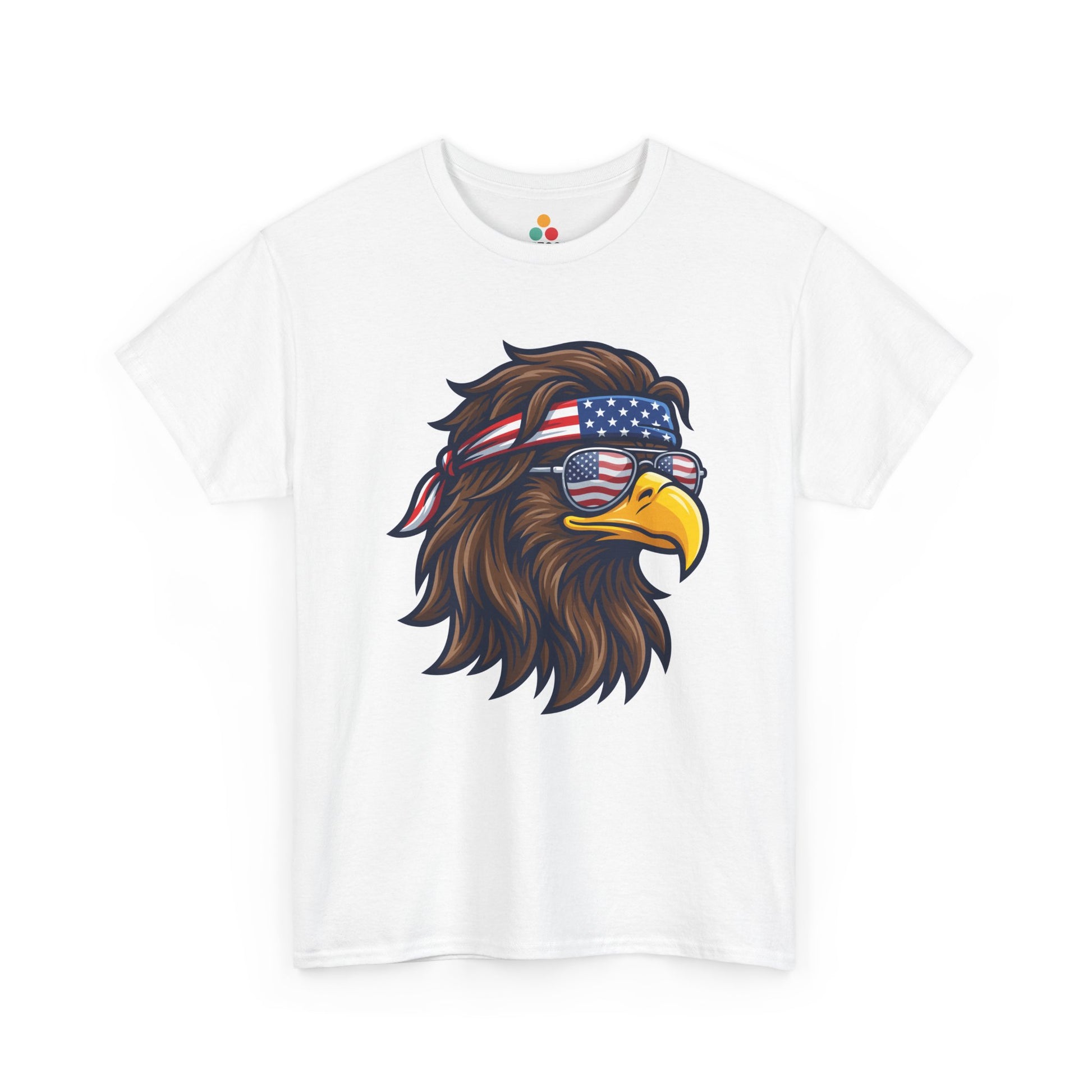 Close-up view of TEEZOCA T-Shirt featuring a fierce bald eagle wearing a USA flag bandana and star-spangled sunglasses printed on white fabric.

