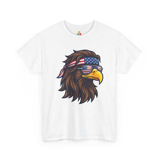 Close-up view of TEEZOCA T-Shirt featuring a fierce bald eagle wearing a USA flag bandana and star-spangled sunglasses printed on white fabric.

