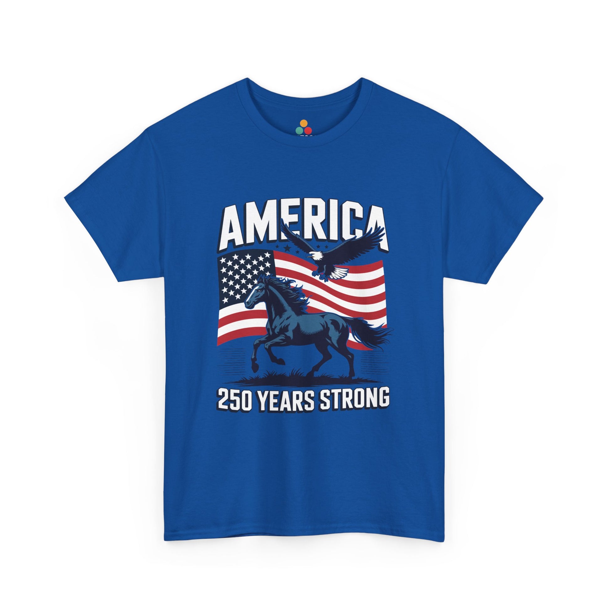 Close-up view of TEEZOCA T-Shirt with America 250 Years Strong patriotic horse and eagle design on royal blue fabric.

